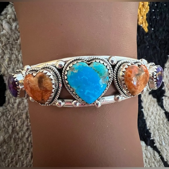 Turquoise, Spiny Oyster, Purple Dahlia 925 ADJUSTABLE Navajo Heart Cuff 26.2Gm - Picture 14 of 14